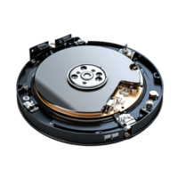Disassembled hard disk drive showcasing internal components and magnetic platters in detailed view, Hard disk drive disassembly open cover show magnatic disk circle inside on transparent background png