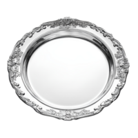 Elegant silver tray isolated on a clean transparent background showcasing its intricate design and polished surface, silver tray isolated on transparent background png