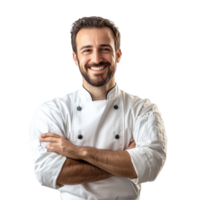 Friendly chef in a transparent uniform smiling with arms crossed in a bright kitchen setting during daylight, chef portrait, friendly smiling arms crossed, transparent background png