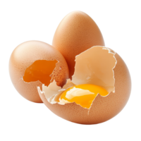 Fresh chicken eggs with one cracked shell revealing yolk on a transparent background, chicken eggs in broken eggshells on transparent backgroundfile png