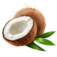 Fresh coconut with a green leaf on a transparent background showcasing natural textures and tropical vibes, coconut with leaf on transparent background png