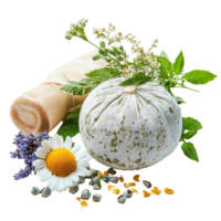 Herbal spa compressing ball with flowers and leaves on a clean transparent background, Spa herbal Compressing ball on transparent background png
