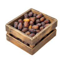 Wooden box filled with fresh, dried dates on a transparent background ready for consumption and culinary use, wooden box of date fruitsisolated on transparent background png