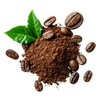 Freshly ground instant coffee surrounded by whole beans and coffee leaves on a transparent background, instant coffee with leaves coffee on transparent background png