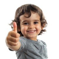 Cheerful child with curly hair smiling and giving a thumbs up indoors against a plain transparent background, Happy child giving a thumbs up to the camera, transparent background png