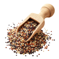 A wooden scoop filled with a vibrant mix of raw quinoa grains on a clean, transparent background, Pile of mixed raw quinoa in wood scoop isolated on transparent background png