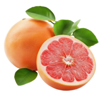 Fresh grapefruit halves surrounded by green leaves on a transparent background captured in natural light, Grapefruit isolated on transparent background background png