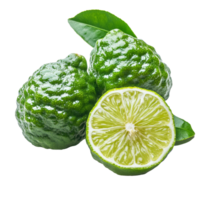 Fresh bergamot fruit with vibrant green skin and slices against a transparent background, Bergamot or Thai lime lime fruit on transparent background png