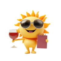Cheerful sun character holding a wine glass and notepad at a festive gathering, Holiday Concept Cheerful Sun Character with Wine and Diary on transparent background png