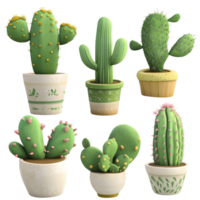 Colorful collection of cacti plants in pots with a transparent background showcasing desert greenery and unique shapes, cacti plants in pots, clipart, transparent background png
