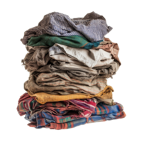 A large pile of dirty clothes piled high, displaying various fabrics on a clean transparent background, Pile of dirty clothes isolated on transparent background png