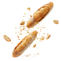 Fresh baguette with crispy crumbs falling apart in an isolated view against a transparent background, Fresh Baguette with Crispy Falling Crumbs isolated on transparent background Image png