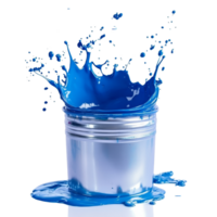 A silver paint bucket spills vibrant blue paint, creating a dynamic splash on a transparent background, blue paint splashing from silver shiny paint bucket on transparent background png