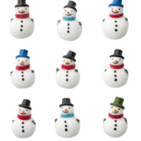 Creative arrangement of multiple snowmen wearing colorful hats and scarves against a transparent background, Multiple snowman on transparent background png