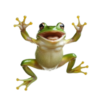 A joyful green frog jumping happily against a bright transparent background showcasing its vibrant colors and playful spirit, happy jumping green frog isolated on transparent background png