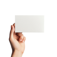 Person holding a blank postcard mockup against a light blue background in a minimal setting, Blank paper card in hand. Holding postcard mockup isolated png