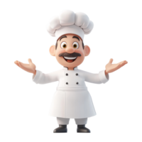 alegre dibujos animados cocinero personaje soportes con brazos amplio abierto en contra un limpiar transparente fondo, 3d dibujos animados personaje cocinero en transparente antecedentes png