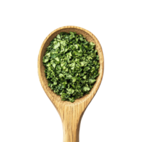 Dried parsley in a wooden spoon on a transparent background showcasing its vibrant green color and texture, Dried parsley in wood spoon isolated on transparent background png