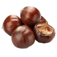 Fresh chestnuts on a clean transparent background, showcasing their shiny brown shells and creamy insides, Chestnuts on transparent background png
