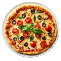 Delicious homemade pizza topped with tomatoes, olives, and fresh basil on a transparent plate ready to enjoy, pizza in plate on transparent background png