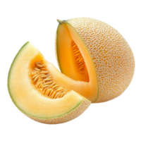 Fresh yellow cantaloupe melon with seeds displayed on a transparent background for culinary use and healthy eating, yellow melon or cantaloupe melon with seeds isolated on transparent background png