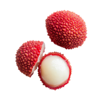 Top view of fresh lychee fruit showing red skin and translucent flesh isolated on a clean transparent background, Top view of lychee isolated on transparent background png