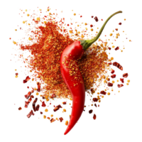 Chili pepper surrounded by vibrant chili powder and flakes on a clean transparent surface, Chili powder and flakes burst out from red chili pepper Stock Photo png