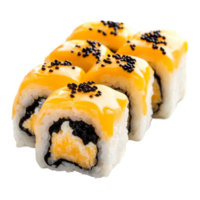 Delicious sushi rolls topped with cheddar cheese and black sesame seeds on a transparent background, Isolated portion of sushi rolls with cheddar cheese png