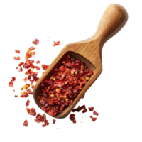 Crushed red chili pepper in a wooden scoop on a transparent background showcasing the vibrant color and texture of spices, Crushed red chili pepper in wood scoop isolated on transparent background png