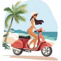 A woman riding a scooter along the beach on a sunny day with palm trees and ocean waves in the background, file no background Woman going to the beach and riding a scooter png