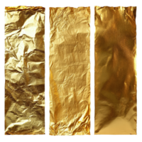 Three isolated gold foil textures on a transparent background showcasing distinct reflective qualities and finishes, Three gold foil textures are isolated on a transparent background. Golden foil png