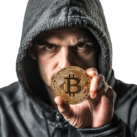 Hacker with a Bitcoin in hand on a transparent background showcasing cryptocurrency involvement, Hacker Holding Bitcoin on transparent background png