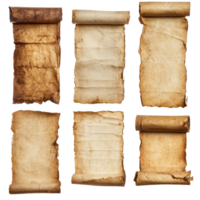 Ancient scrolls of historical parchment paper showcasing various textures and styles from a bygone era, Set Ancient Scrolls, Historical Parchment Paper with Aged Texture, Isolated on transparent png