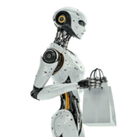 Futuristic shopping robot holding a bag in a minimalistic transparent environment, Futuristic Shopping Robot Holding a Bag On transparent background png