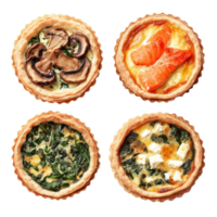 Delicious quiches featuring classic Lorraine, mushroom, spinach, and feta arranged in a neat presentation, Quiches Classic Lorraine, Mushroom, Spinach Feta, and Salmon on transparent background png