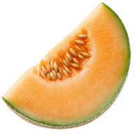 Fresh slice of Japanese melon showcasing seeds and vibrant orange flesh in a natural setting, slice of japanese melons, or cantaloupe with seeds isolated on transparent background png