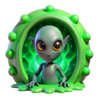 Adorable 3D Render of a Grey Alien Emerging from a Glowing Green Portal png