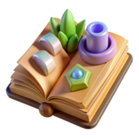 Open Book 3D Render with Abstract Colorful Objects and Plant Illustration png