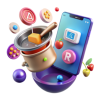Vibrant 3D Render of a Cooking Pot with Mobile App Interface Elements png