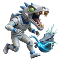 3D Illustration of a Robotic Dinosaur in Space Suit Capturing a Crystalline Creature png
