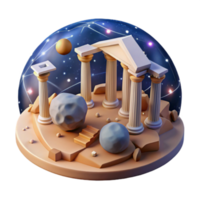 3D Render Celestial Temple Illustration, Ancient Greek Architecture, Starry Night Background, Asteroid Field, Stylized Columns, Digital Art png