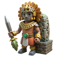 3D Render of Aztec Warrior Cartoon Character with Spear and Stone Monument png