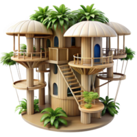 3D Render of Tropical Treehouse Design, Multilevel Wooden Structure with Balconies, Lush Greenery, and Palm Trees png