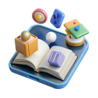 3D Render of Book with Colorful Abstract Icons on Tablet png