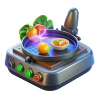 Futuristic 3D Render of a Smart Cooking Device with Vegetables and Stew png