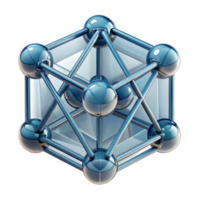 3D Render of Abstract Metallic Molecular Structure, Blue Chrome Spheres and Rods, Geometric Cube Design, Science and Technology Concept Illustration png