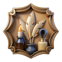 Ornate 3D Render of Candle, Inkwell, and Leaves in Decorative Frame png