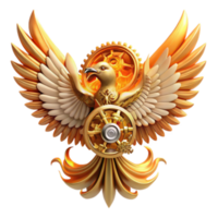 Golden Mechanical Phoenix Illustration A 3D Render of a Mythical Bird with Intricate Gearwork png