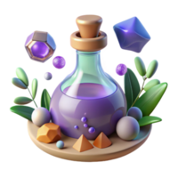 Purple Potion 3D Render Magical Elixir Illustration with Geometric Shapes and Greenery png
