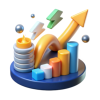 3D Illustration Upward Trend, Growth Chart, Financial Success, Data Visualization, Business Progress, Colorful Bar Graph, Rising Arrow, Stacked Coins, Abstract Background png